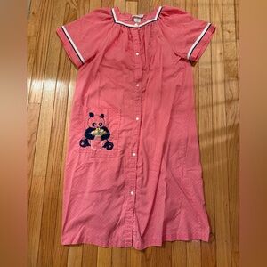 VTG Pink Snap-Up Union Made Nightgown house dress with Panda Bear Embroidery